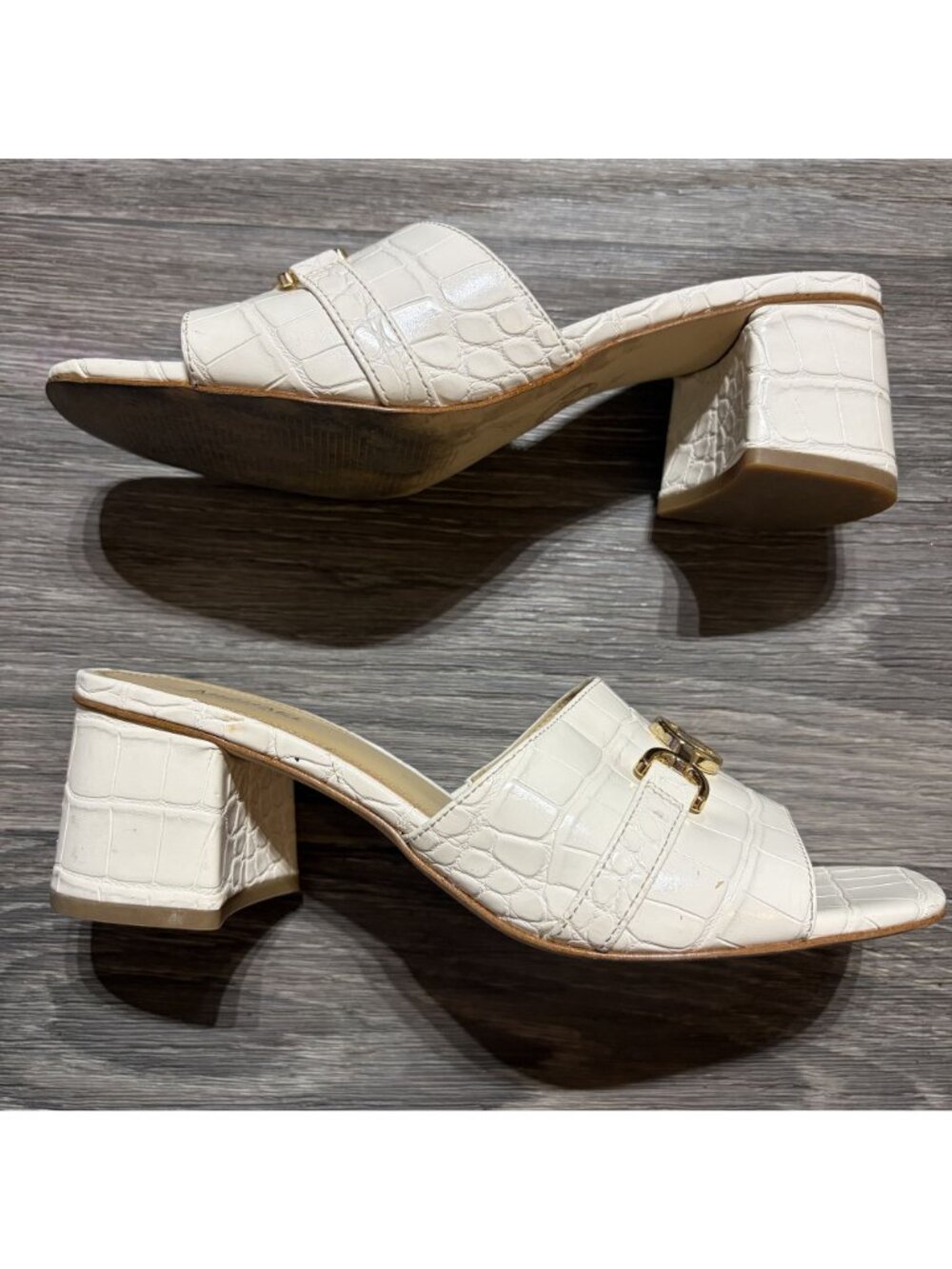 Michael Kors Size 7 Cream Croc Embossed Block Heel Slide Sandals Gold Hardware - Picture 10 of 12